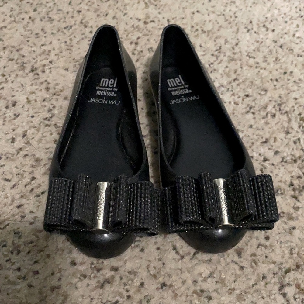 Mini Melissa black glitter slides with bow